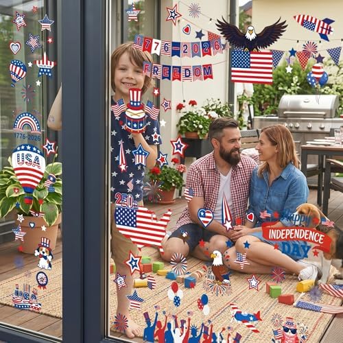 9 Sheets 4th of July Window Clings, Patriotic Red White and Blue Window Stickers with USA Flag, Eagle, Reusable Static Decals for 250th Anniversary Independence Day, Memorial Day