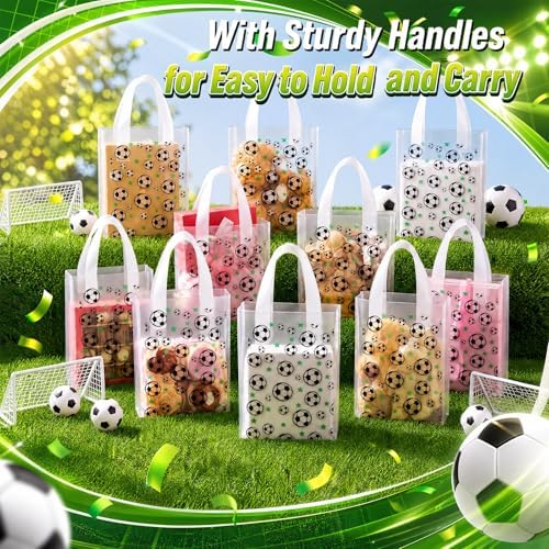 Pajean 12 Pcs Soccer Theme Plastic Gift Bags with Handles, 5.9 x 8.7 x 3.1 Inch Football PE Treat Bags, Black and White Candy Goodie Pouches for Classroom Exchange, Party Favor, Sports Event Supplies