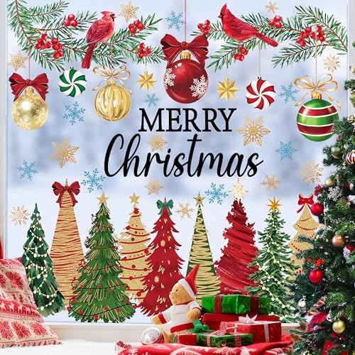 8 Sheets Christmas Window Clings Stickers Winter Snowflake Merry Christmas Tree Xmas Window Decals for Holiday Party Home Office Shop Glass Display Decoration