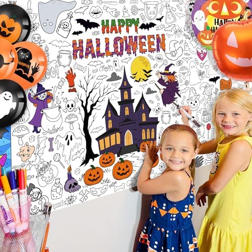 Giant Halloween Coloring Tablecloth for Kids, Large 30x72 Inch Poster with Haunted House, Pumpkins, Ghosts, Bats, Arts Crafts Games Indoor Activities for Halloween Party, Classroom Fun