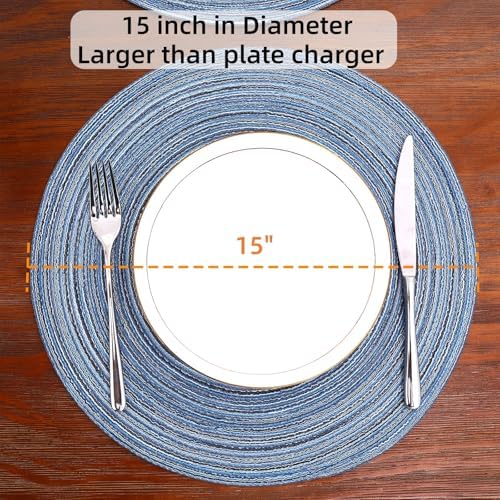 SHACOS Round Braided Placemats Set of 12 Circle Place Mats Cotton Polyester Kitchen Table Mats for Dining Table Wedding Party Decor (Blue Gray, 12)