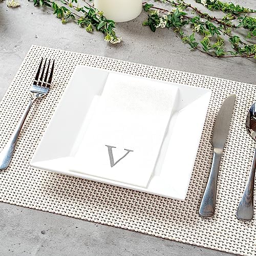 Luxenap 15.8 X 7.9 Inch Linen-Feel Guest Towels, 50 Lettered Hand Towels - Silver Letter 'V', Sans Serif Font, White Paper Dinner Napkins, airlaid, For Restrooms And Tables - Restaurantware
