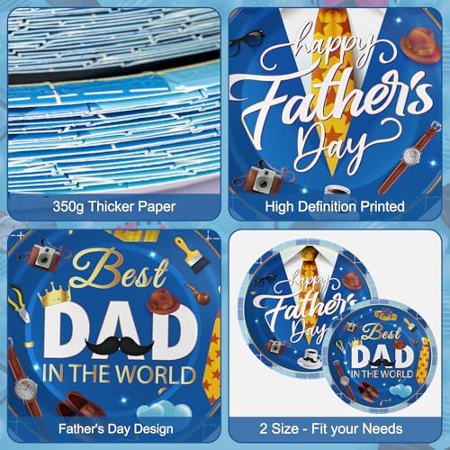 24 Pcs Happy Father's Day Plates Set - Blue Best Dad Paper Plate, Disposable Happy Fathers Day Round Dinner Dessert Plates Tableware for Grandpa Father Days Party Supplies Favors Table Decorations