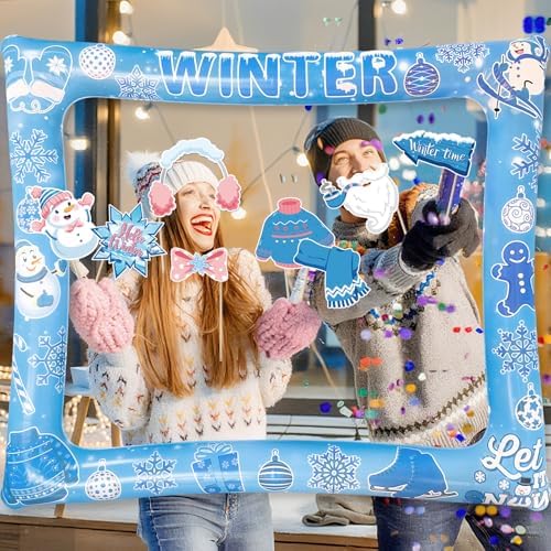 Winter Photo Booth Props Inflatable Frame, 30Pcs Winter Wonderland Photo Props with Inflatable Picture Frame Large for Frozen Holiday Party Selfie Supplies