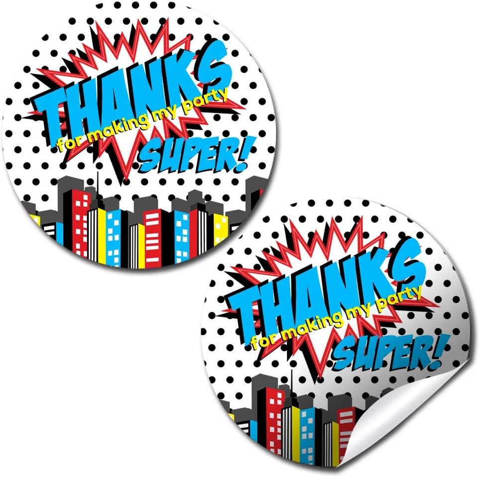 Superhero Thank You Stickers, 40 Pack 2 Inch Birthday Thank You Labels, Super Hero Stickers for Boys Party Favors, Goodie Bags and Envelope Seals by Amanda Creation