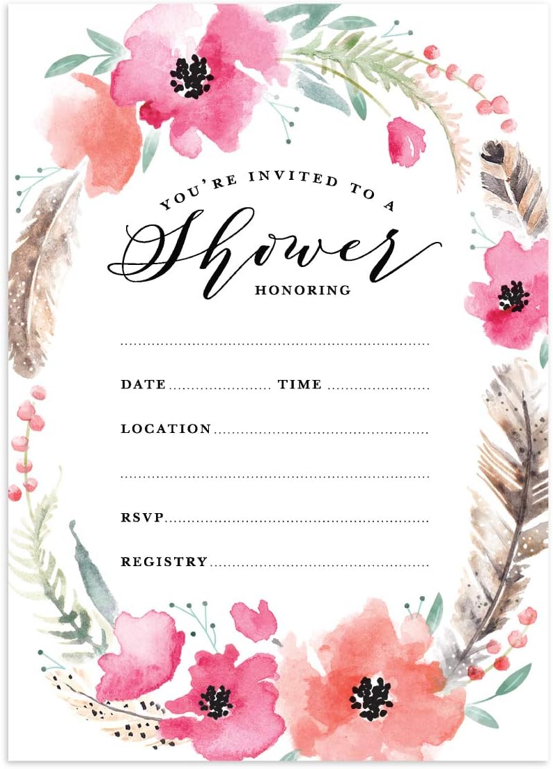 Canopy Street Boho Spirit Fill In The Blank Shower Invitation / 25 Bridal Shower Invitations With White Envelopes / 5" x 7" Flat Boho Baby Shower Invite