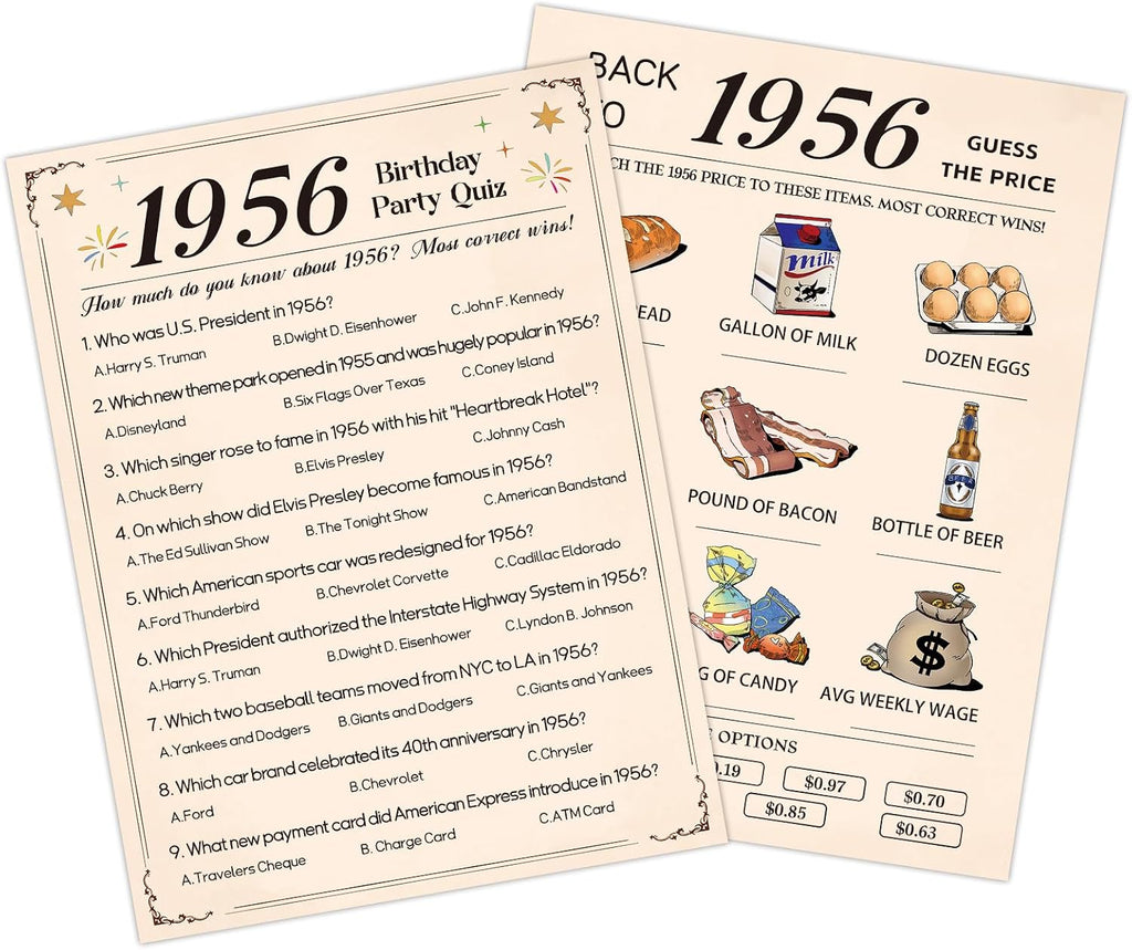 30Pcs 70th Birthday Party Games, 1956 Quiz & Guess the Price Game Cards