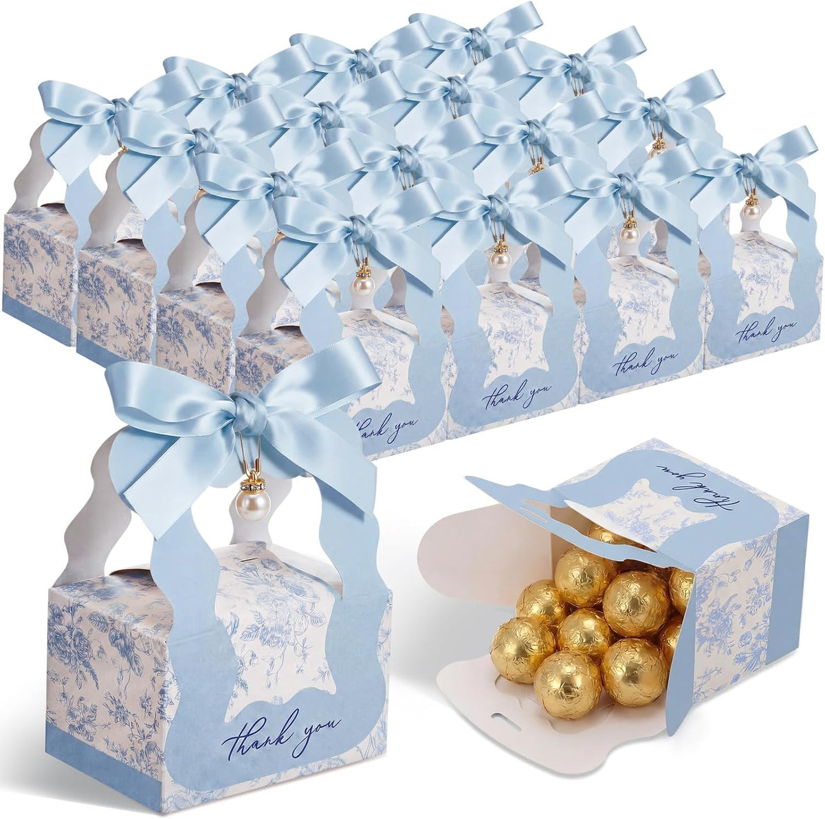ForraFun 50 Sets Floral Wedding Favor Boxes with Pearl Pendant Bow, Blue