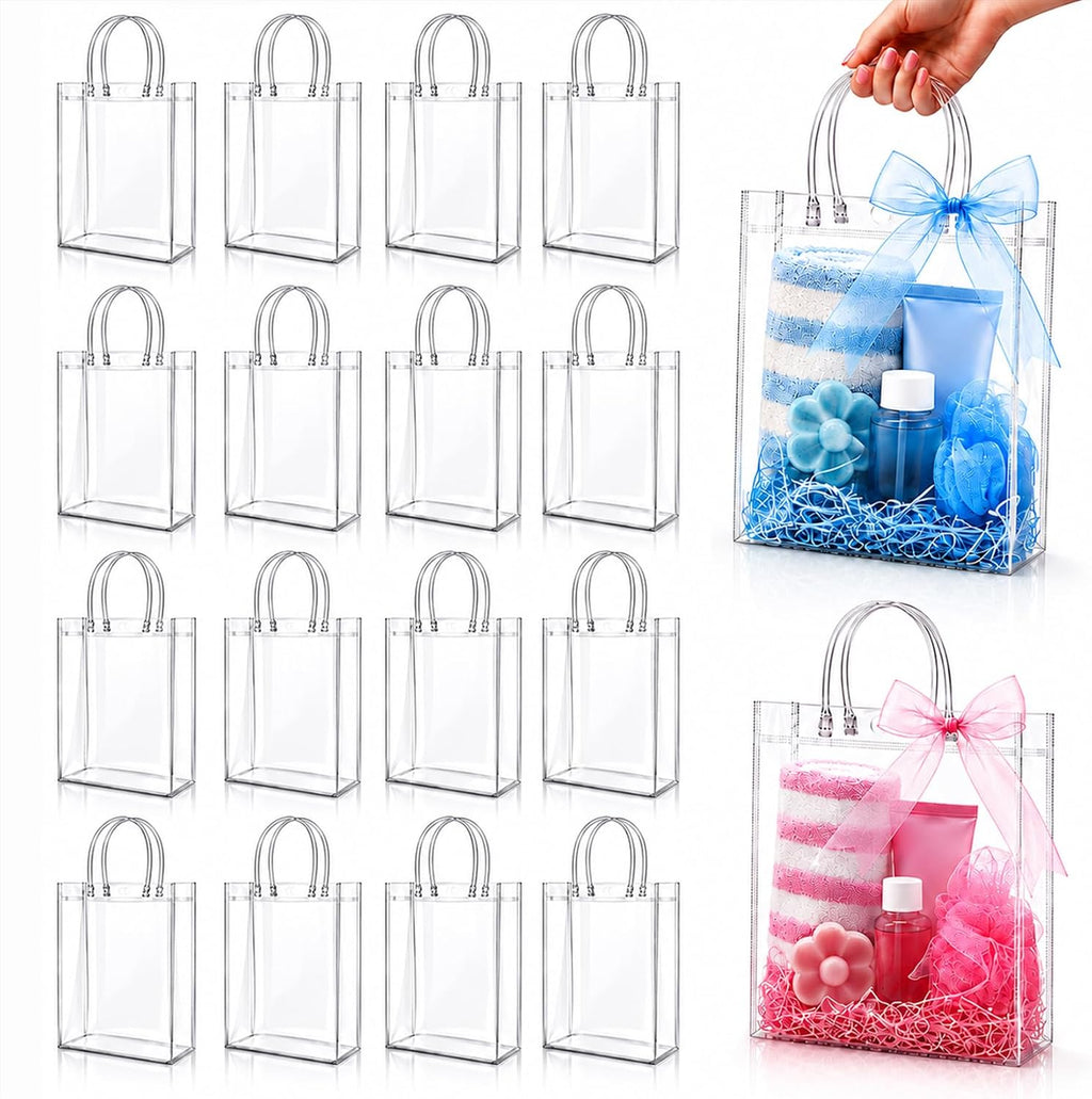 MAQIHAN Clear Goodie Bags with Handles - Party Favor Candy Bags Transparent