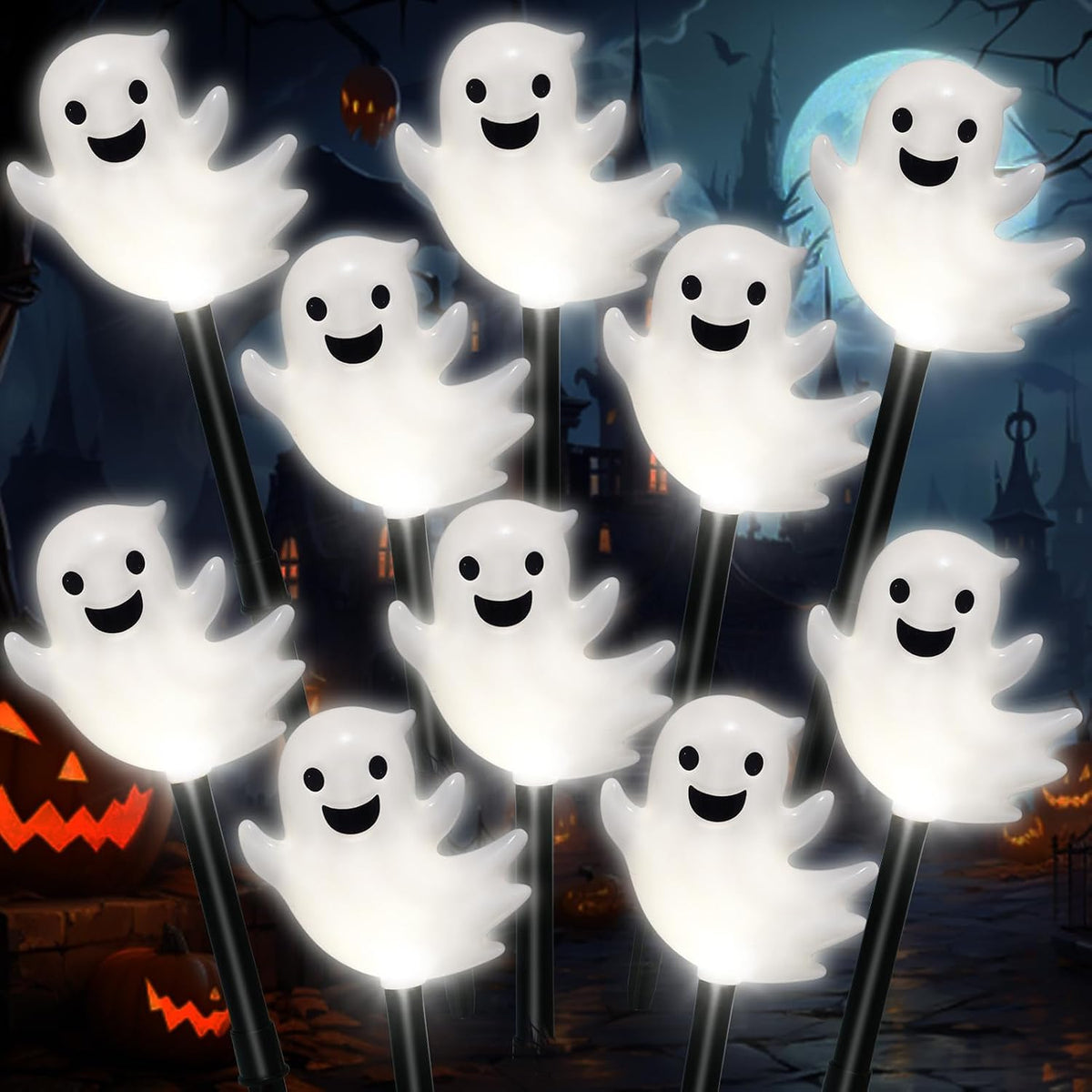 BRIGHTDECK Halloween Solar Pathway Lights Outdoor, LED Decor, Light Up Solar Stake Lights for Holiday, Halloween, Walkway, Sidewalk (Cold White Floating Ghost, 10-Pack)