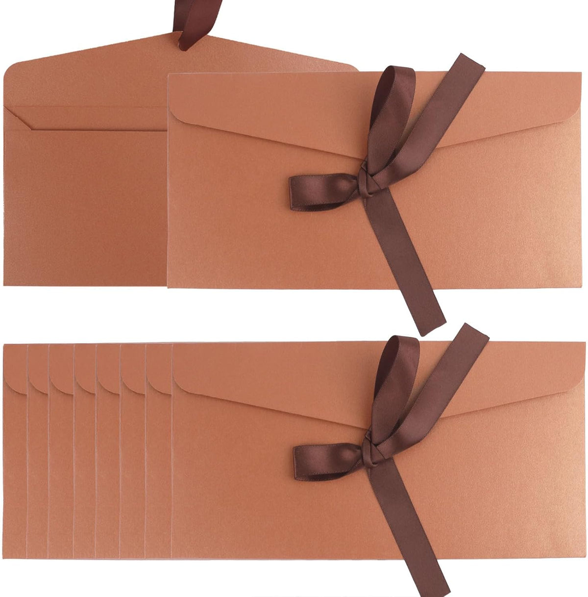 20 Pack Pearlescent Bronze Decorative Envelopes with Ribbon Bow, 8x4 Inch Christmas Cash Gift Envelope, Greeting Invitation Envelope Classical Pure Set for Wedding Birthday Festival and Party
