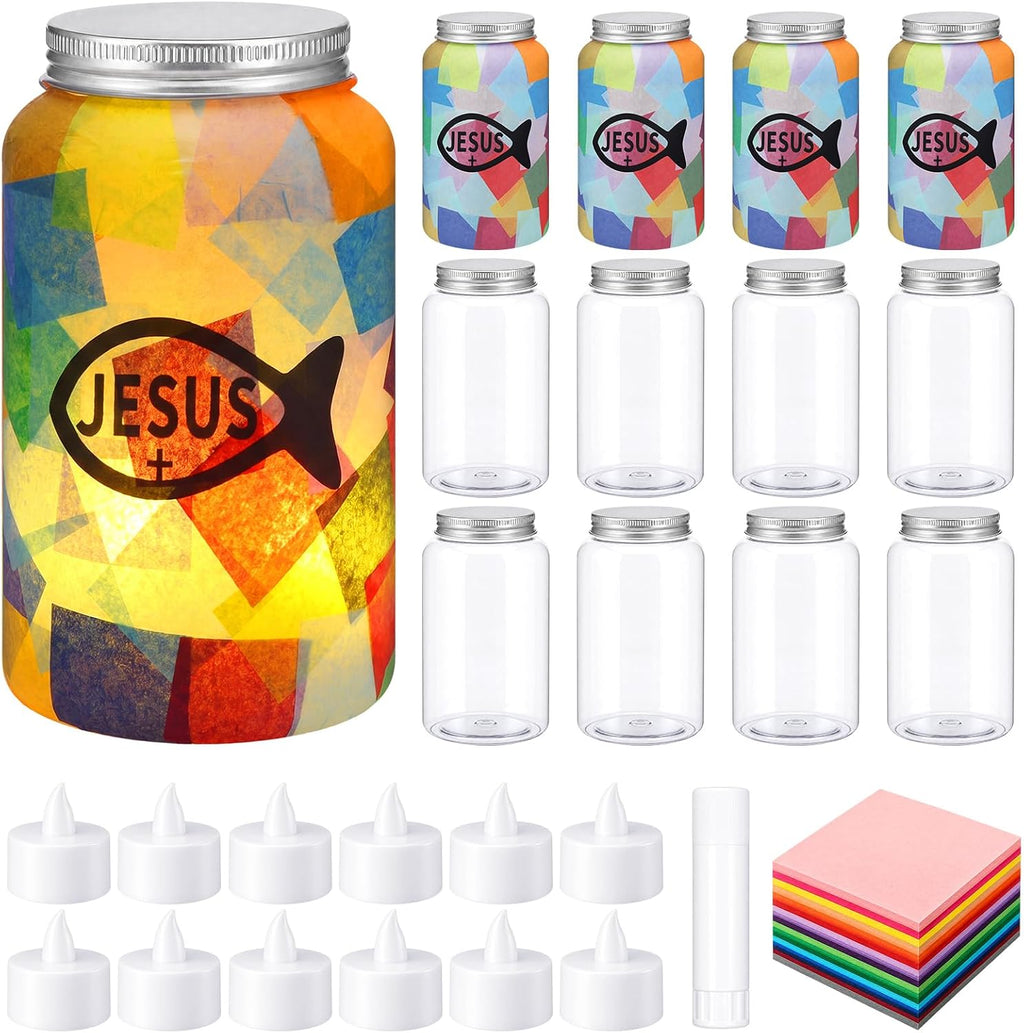 Qinyoung 12 Pcs Religion Faith Jesus Fish Crafts Mason Jars Tissue Paper Crafts with LED Candle Light DIY Suncatchers Decoration Make Your Own VBS Mason Jars Supply for Sunday School Projects Activity