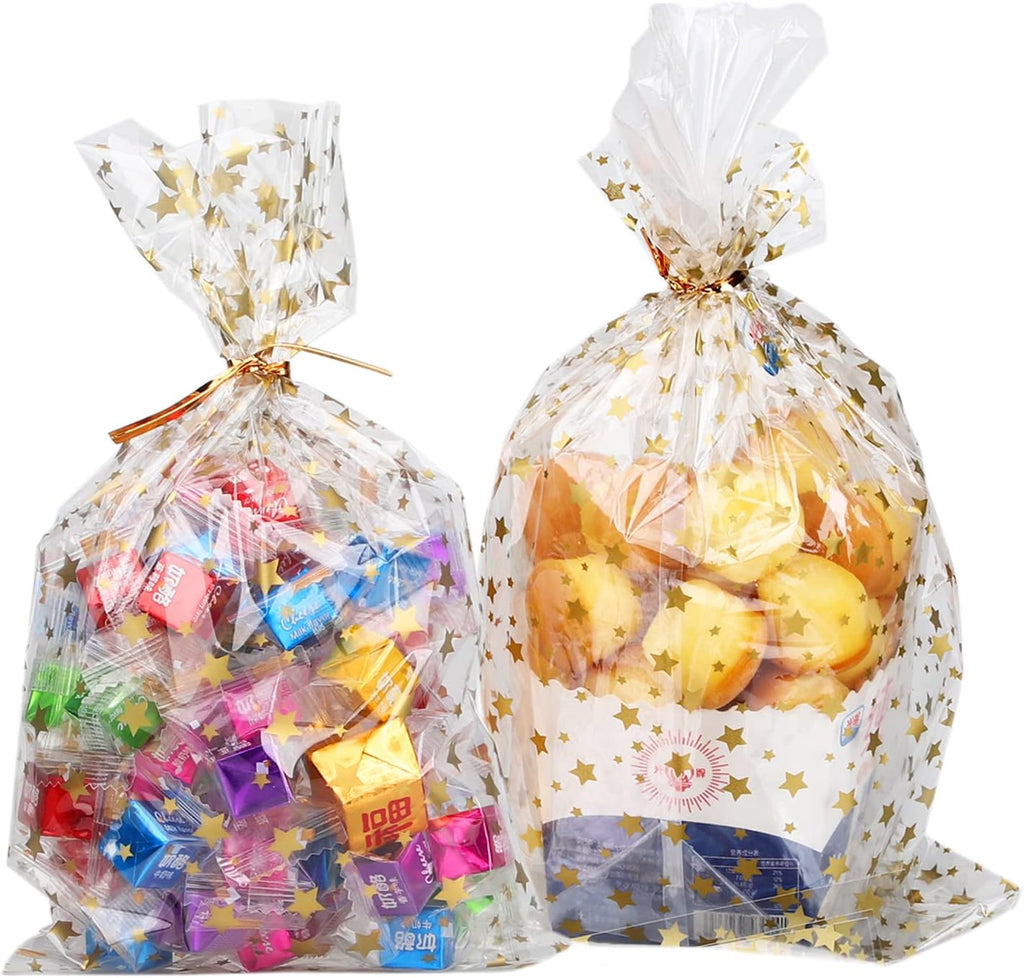 Star Printed 100 Pcs 7"X 12" Gift Wrap Cello - Clear Candy & Cookie Bags with Twist Ties for Bakery, Birthday, Wedding & Party Decorations (Gold)