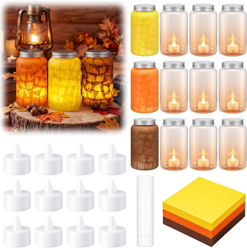 Qinyoung 12 Pcs Fall Crafts Thanksgiving Mason Jar with LED Candle Light