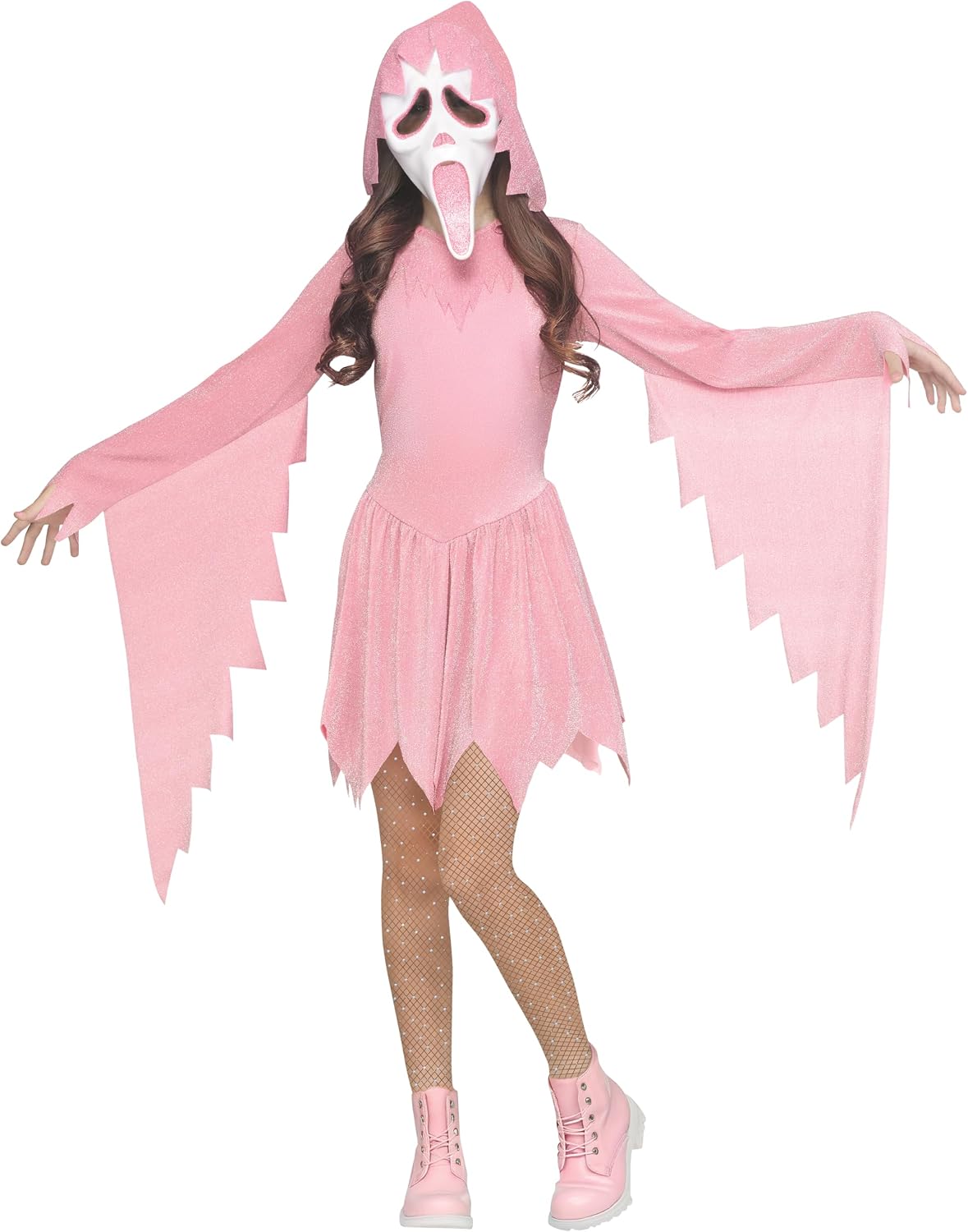 Fun World Girls' Shimmer Ghost Face Costume, Large 12-14, Pastel Pink