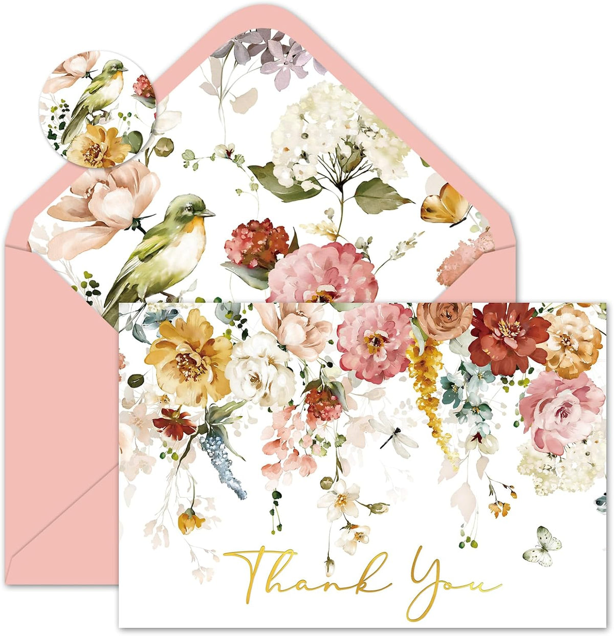 Whaline 50 Pack Boho Floral Thank You Cards Boxed Watercolor Pastel Flowers Greeting Card with Envelope Sticker Blank Note Cards for Wedding Birthday Bridal Shower, 4 x 6 Inch