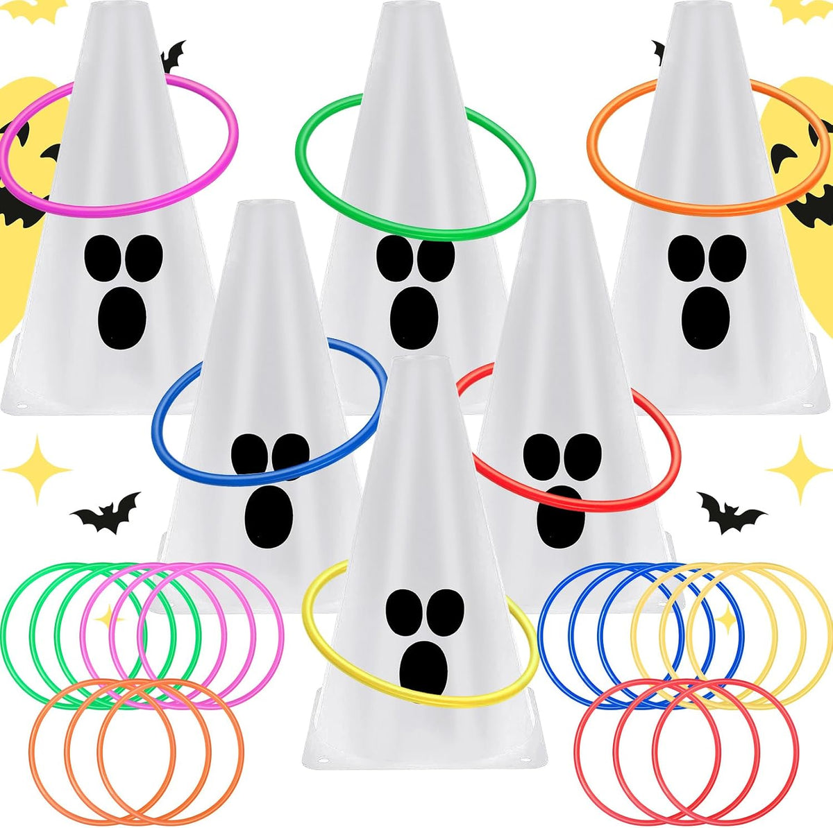 24 PcsHalloween Ring Toss Game Outdoor Carnival Party Games Include 6 Plastic Cones 18 Toss Rings for Halloween Party Games Indoor Outdoor Yard Activities