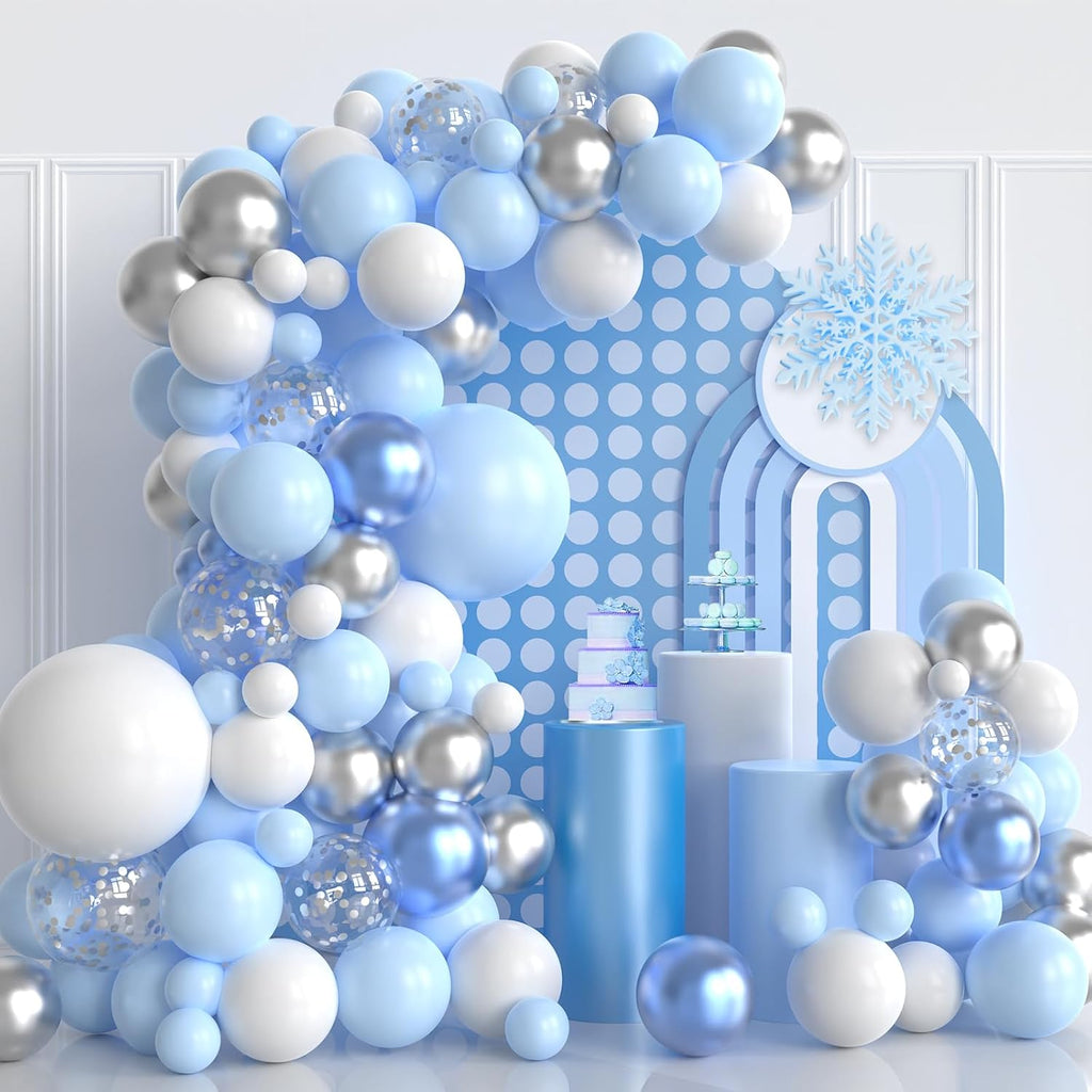 Blue and Silver Balloons Arch Kit, 124pcs Blue White Silver Latex Balloons