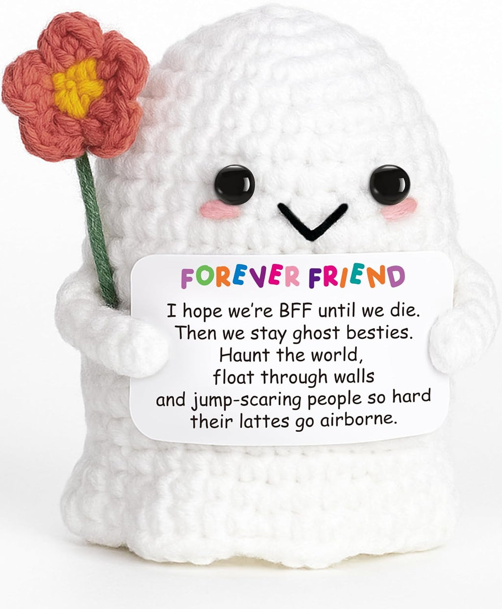 Best Friend for Women Friendship Ornaments - Handmade Crochet Ghost Decor with Funny Boo BFF Message Card, Halloween Stocking Stuffers, Cute Birthday Gift for Bestie Soul Sister