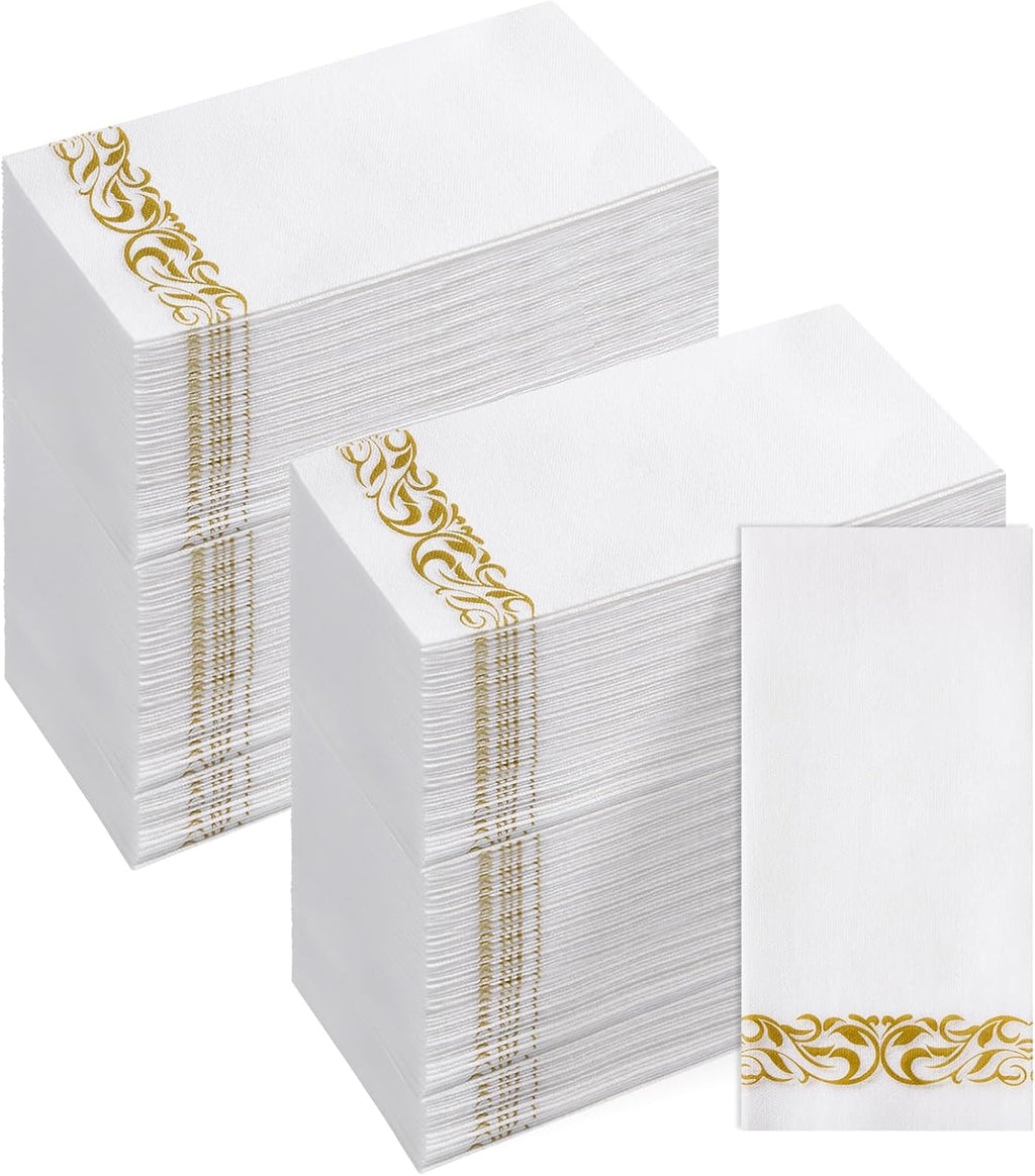 JOLLY CHEF 100 Disposable Hand Towels, Soft and Absorbent Linen Feel Dinner Napkin, Elegant Decorative Paper Guest Towels for Kitchen, Bathroom, Weddings, Parties, Silver and White
