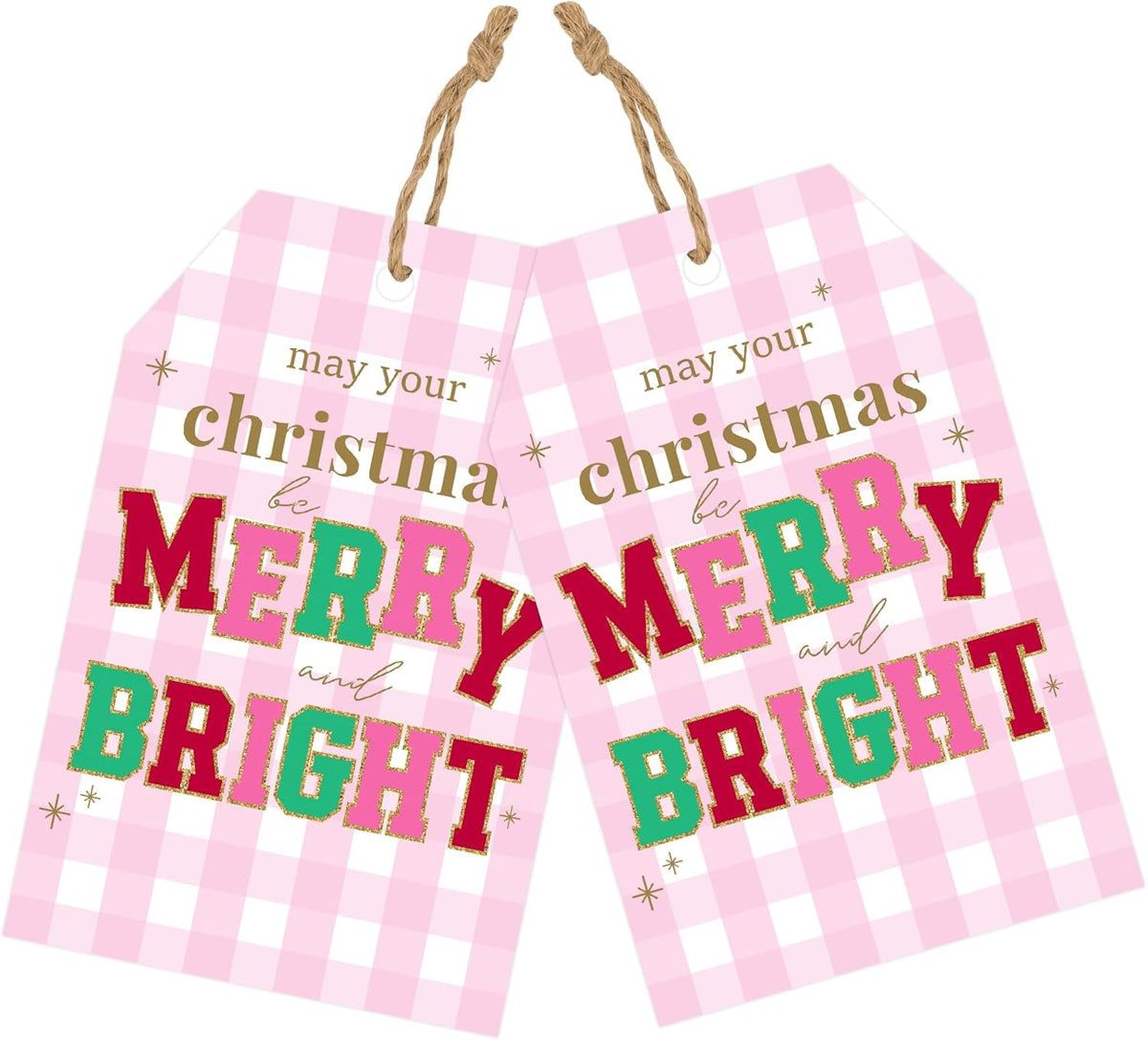 joycraft 50Pcs Christmas Tags with String, Pink Plaid Merry Christmas Tags