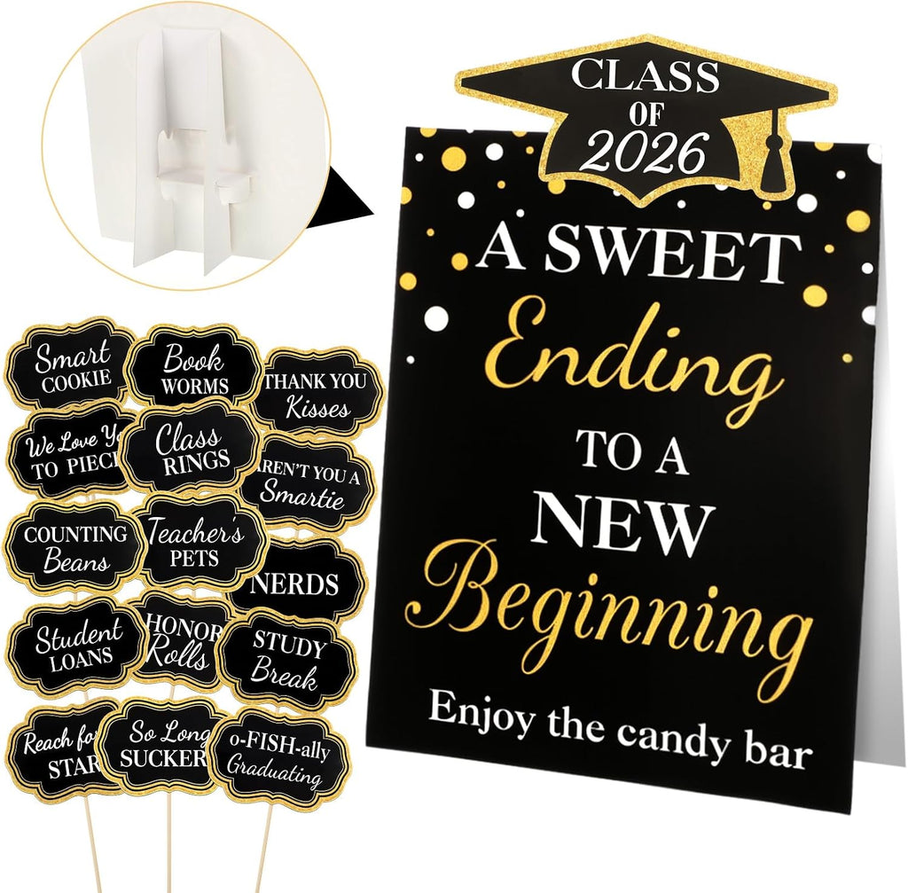 Spakon 24 Pcs Grad Candy Buffet Labels with Stand, Table Signs, Black Gold