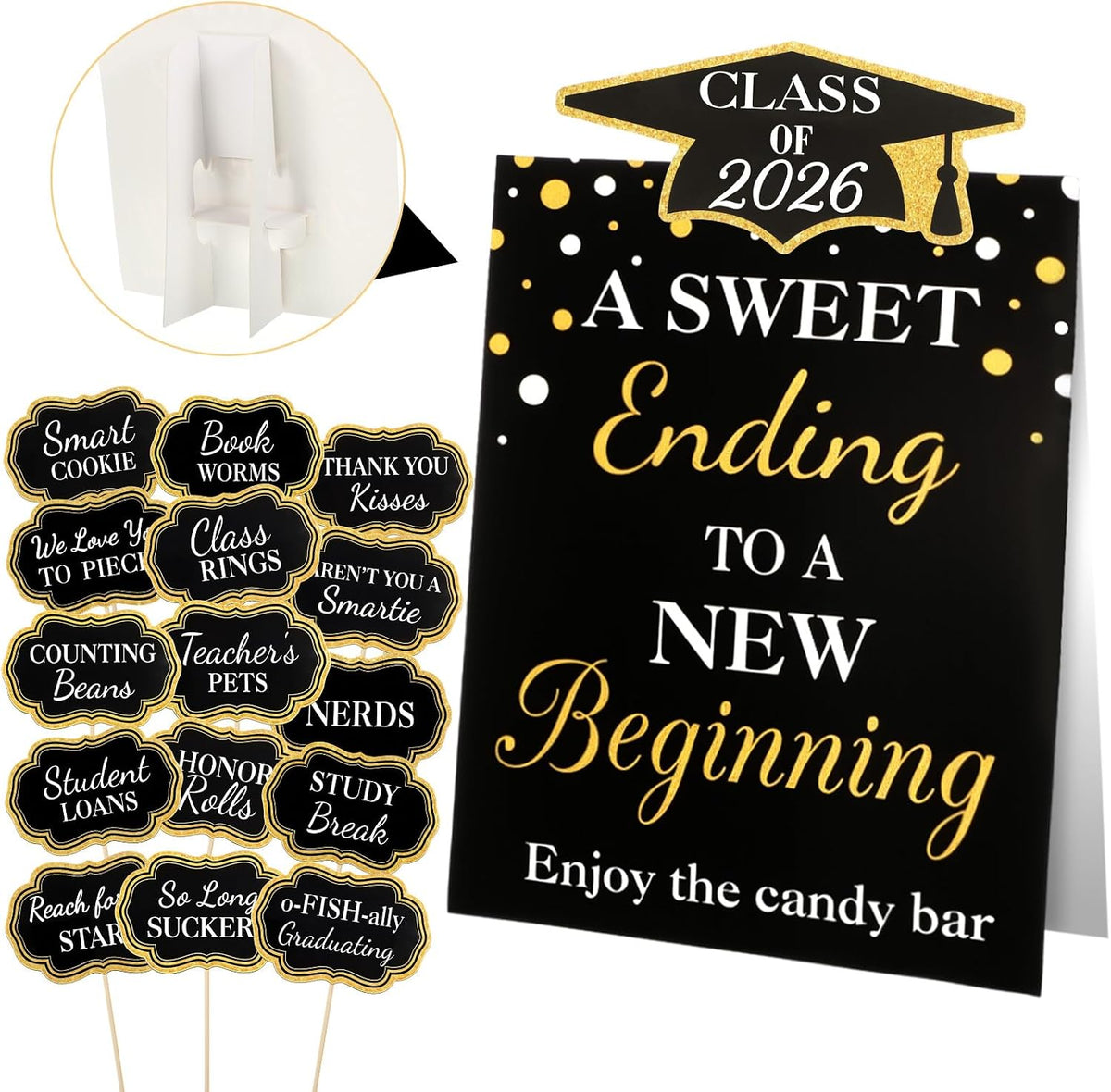 Spakon 24 Pcs Grad Candy Buffet Labels with Stand, Table Signs, Black Gold
