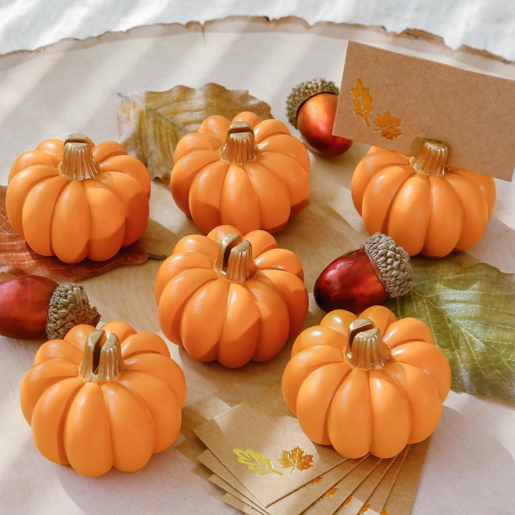 Kate Aspen 12pcs Fall Decor Orange Pumpkin Place Card Holder, Place Settings for Thanksgiving Table Decor, Fall Themed Weddings, Bridal Brunches (Place Cards Included)