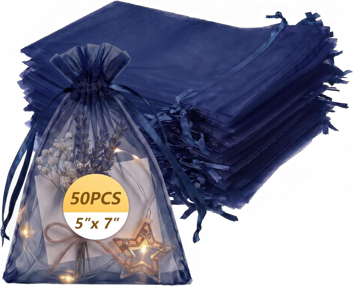 Wudygirl 50 Pcs Organza Bags, 5x7 IN Drawstring Gift Bags-Navy Blue