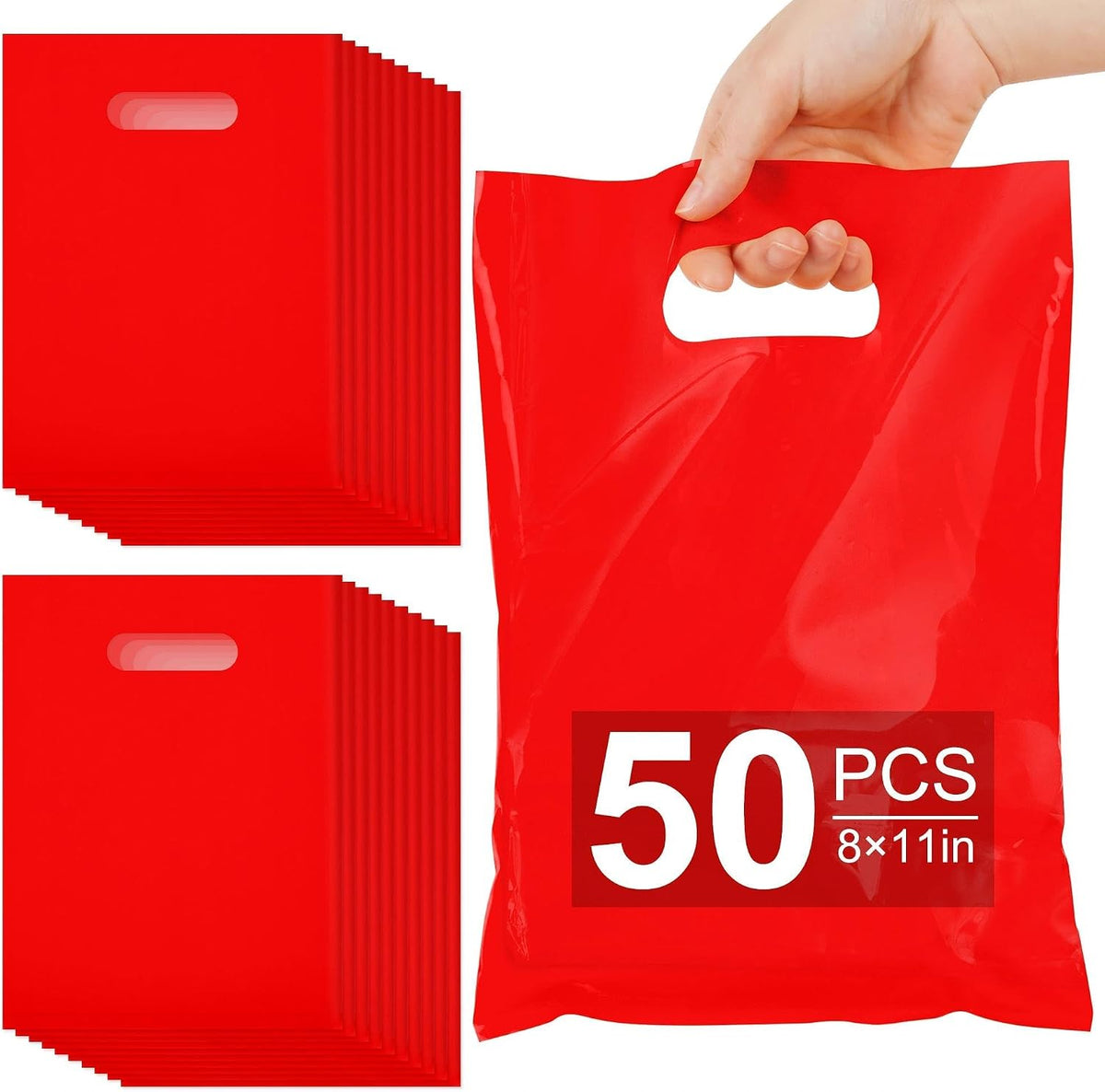 VieFantaisie 50 PCS Red Party Favor Bags, 8" x 11" Goodie Bags for Candy Treat Craft Easter Egg, Plastic Gift Bag with Die Cut Handles for Birthday Party, School Events & Small Business, Wedding