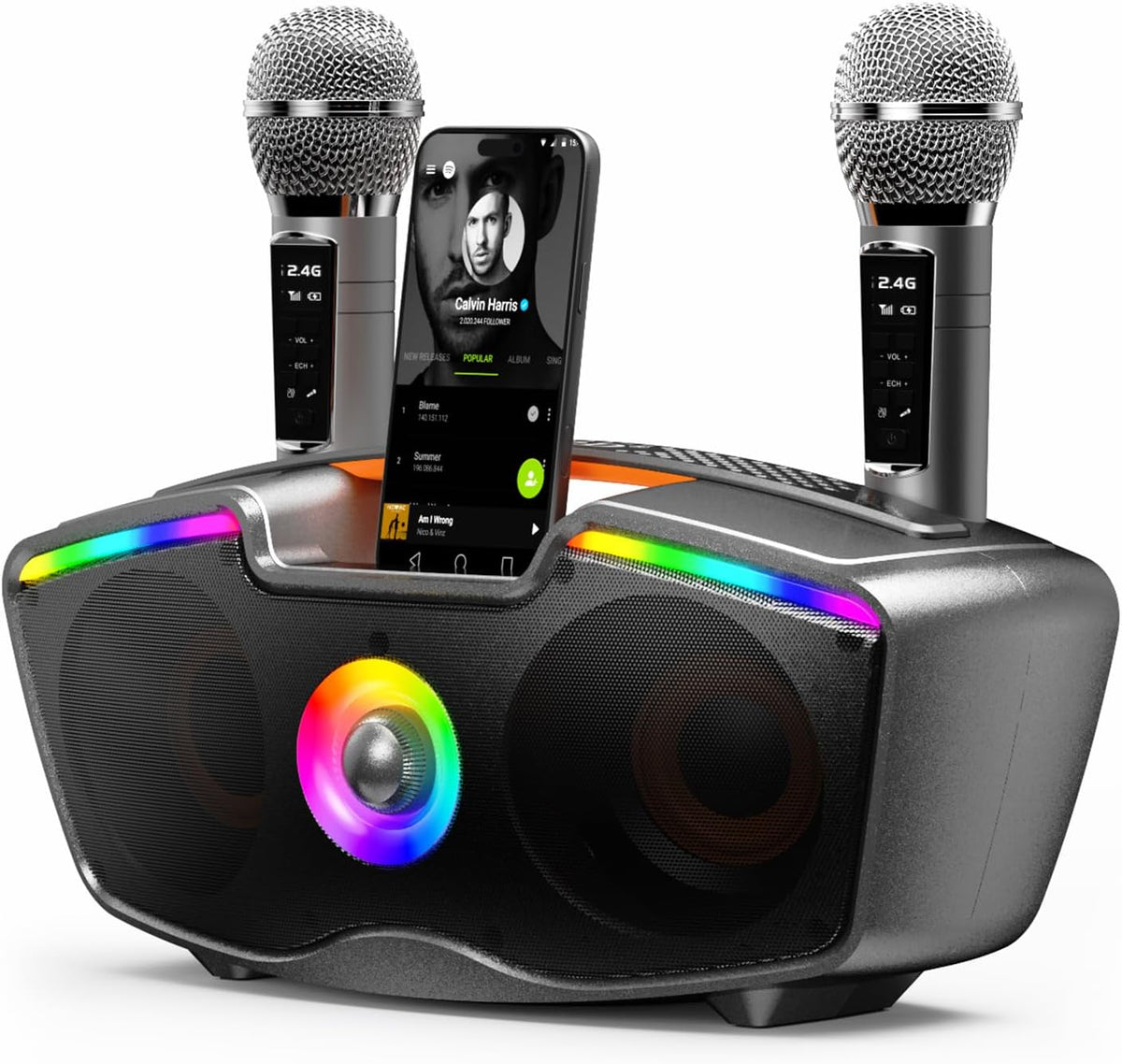 Bluetooth Karaoke Machine for Adults & Kids, 80W Portable Speaker with 2 Wireless Microphones, Echo Adjustment, Support USB/AUX/TF Card, for Outdoor/Indoor Gathering Gifts (Gray)