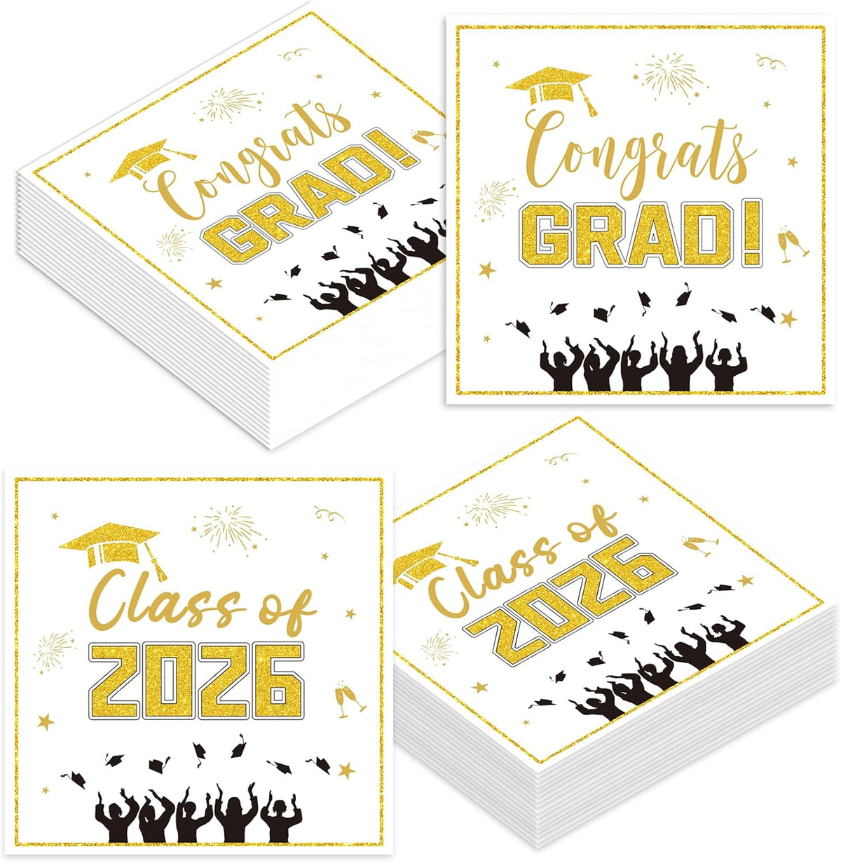 50 Pack Graduation Paper Napkins, Disposable White and Gold Graduation Napkins, Class of 2026 Napkins for Graduation Celebration Party Supplies