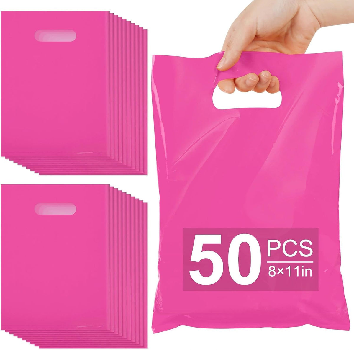 VieFantaisie 50 PCS Hot Pink Party Favor Bags, 8" x 11" Goodie Bags for Candy Treat Craft Easter Egg, Plastic Gift Bag with Die Cut Handles for Birthday Party, School Events & Small Business, Wedding