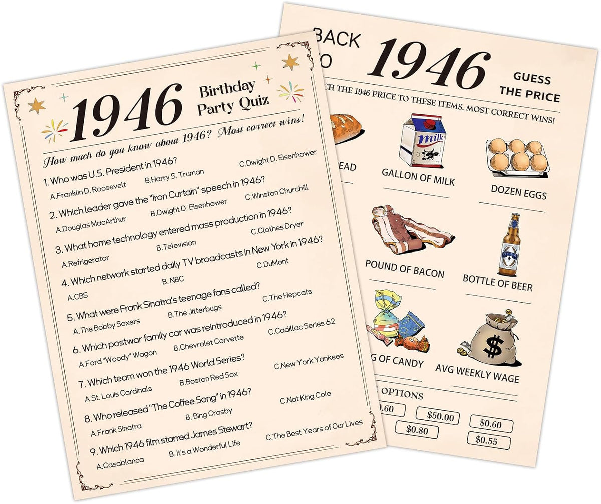 30Pcs 80th Birthday Party Games, 1946 Quiz & Guess the Price Game Cards