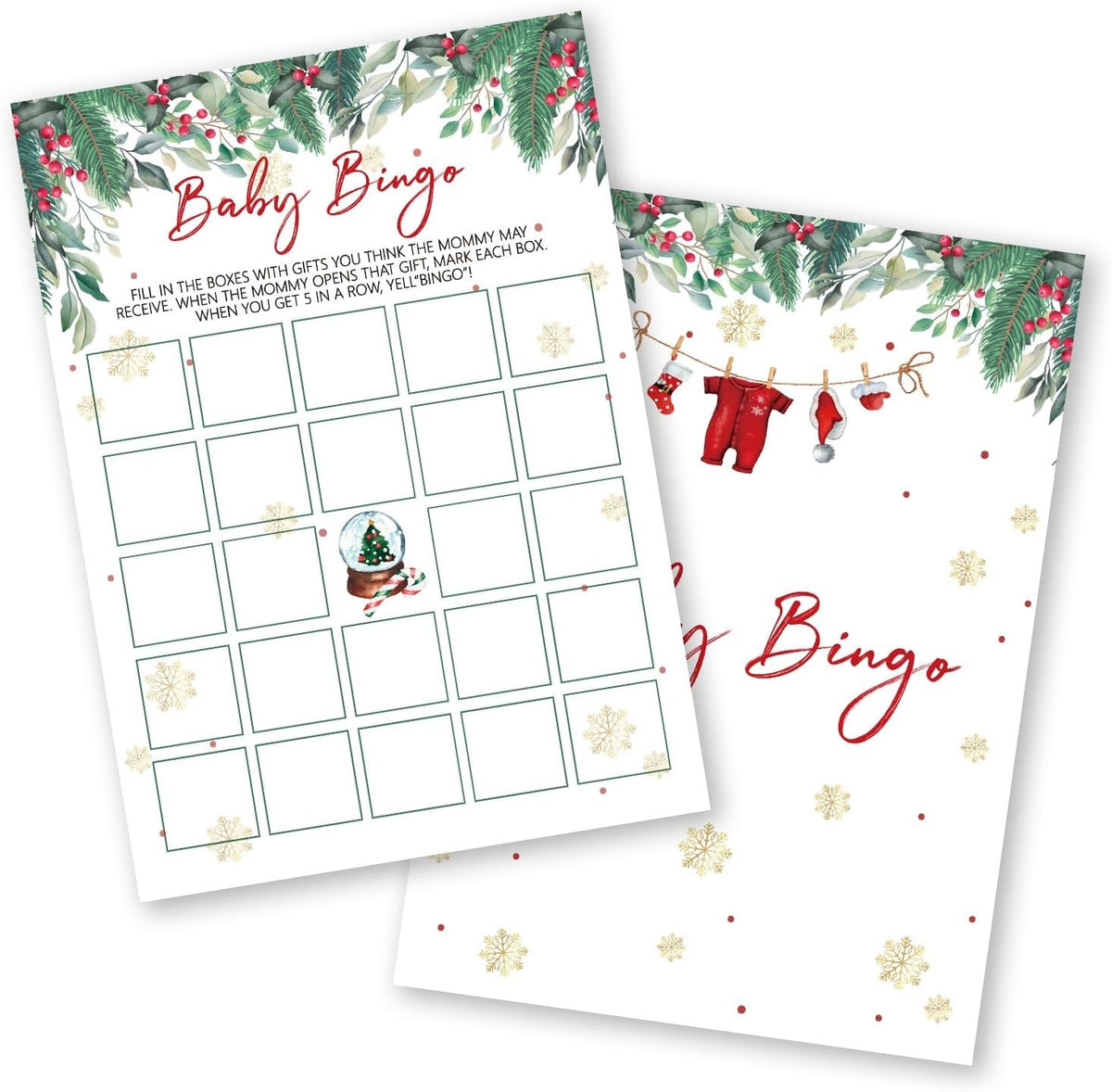 Christmas Baby Shower Games - 25 Pcs Baby Bingo Cards - Christmas Gender Reveal Games - Winter Party Decorations Favors Supplies -A06