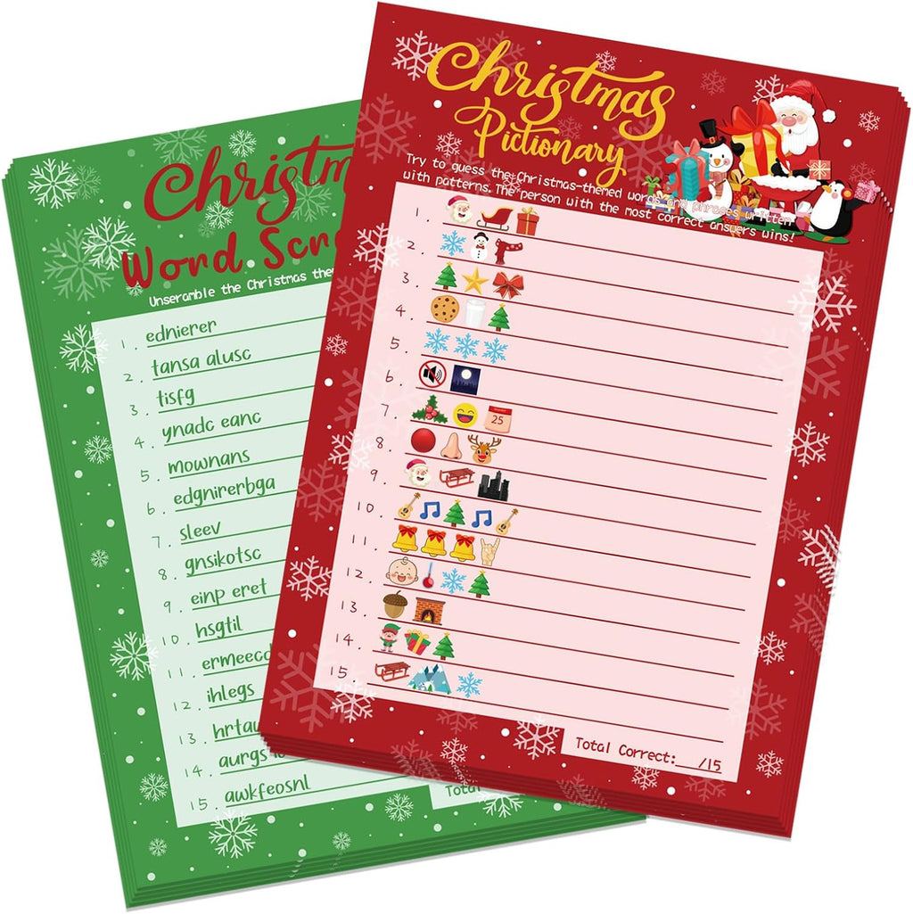 YQUQWN 32PCS Christmas Party Games Word Guessing Game, Christmas Trivia Cards Pattern Guessing Game Winter Xmas Party for Kids Family School Office Games Supplies
