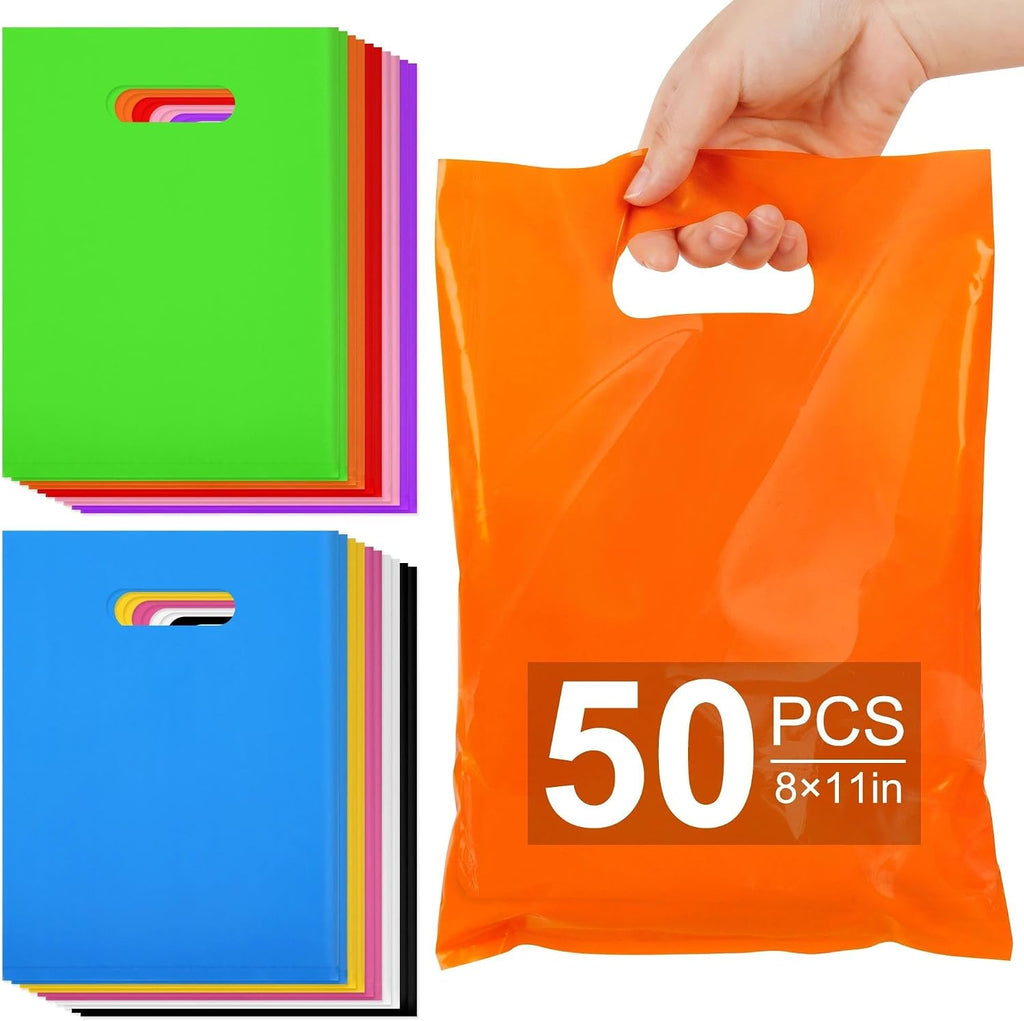 VieFantaisie 50 PCS Party Favor Bags, 8" x 11" Goodie Bag for Candy Treat Crafts, Plastic Gift Bags Bulk with Handle for Birthday Party, School Events, Thanksgiving, Christmas, Halloween, 10 Colors