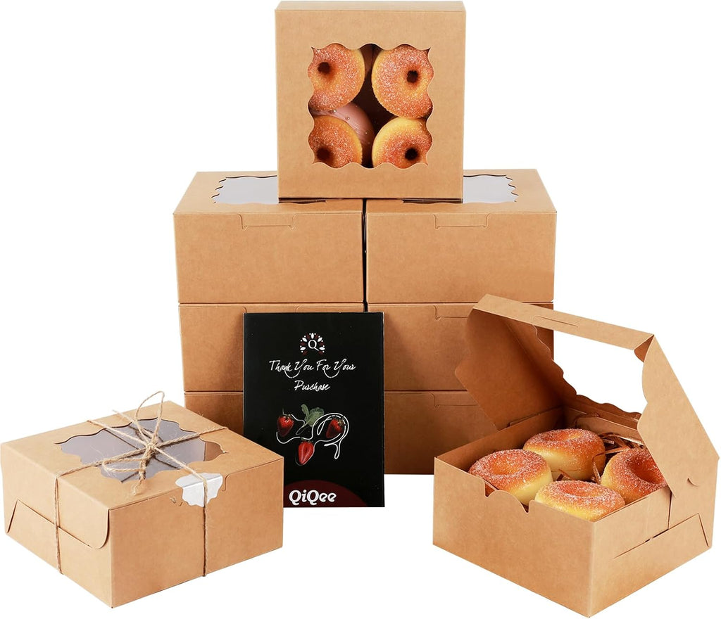 qiqee Kraft Cookie Boxes with Window 60packs 6x6x3 Brown Bakery Box Kraft Paper Boxes for Cookie, Pastry, Cupcake, Pie, Donut