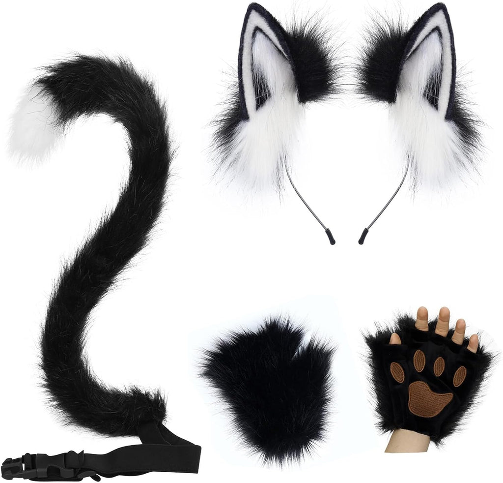 CHOICEONE Cat Fox wolf Ears and Tail Set with Paws Gloves Faux Fur Animal Cosplay Costume Accessories for Halloween Party