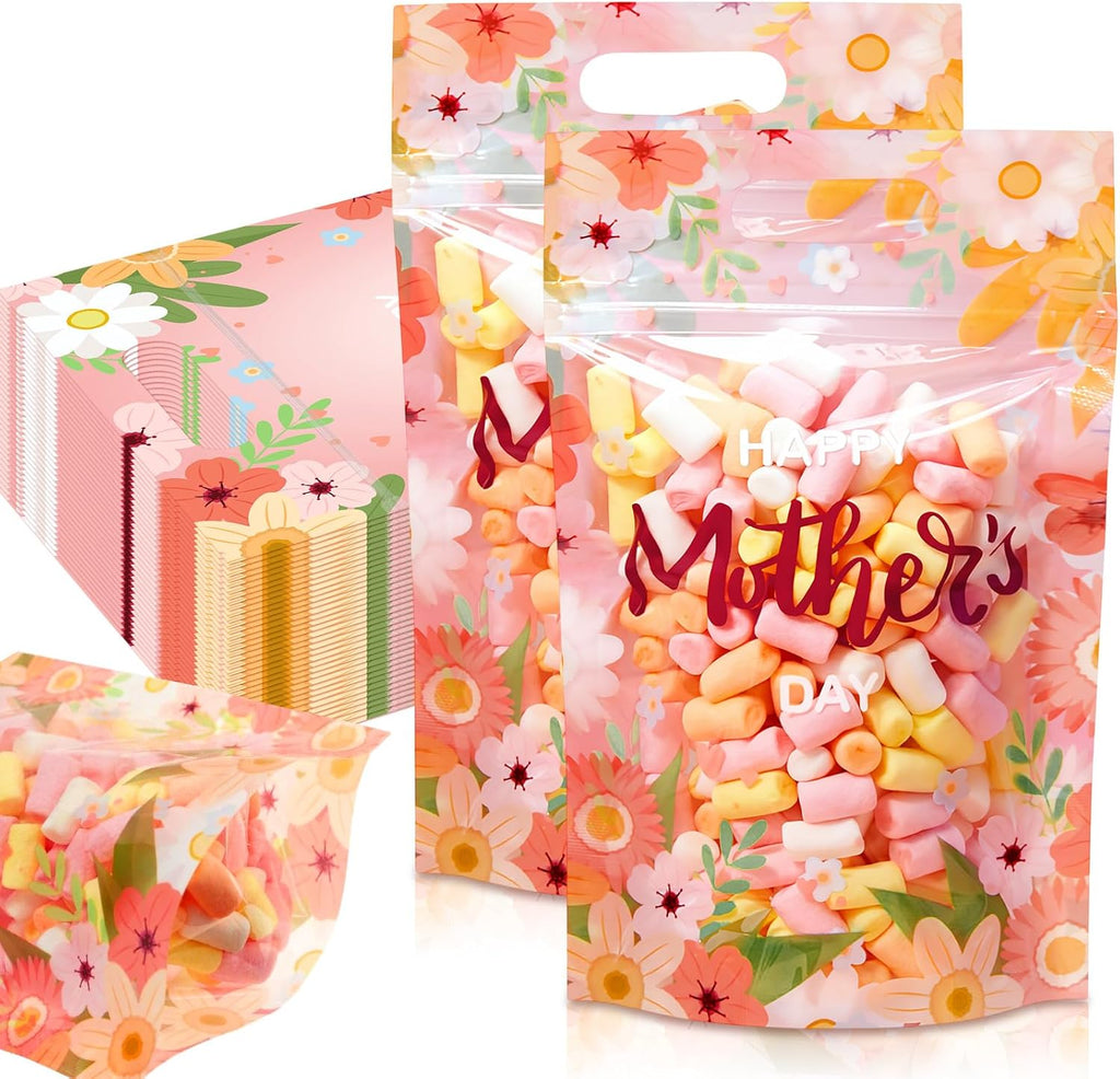 Engrowtic 100 Pcs Mother's Day Plastic Gift Bags with Handles Resealable Pink Flower Mom Candy Treat Goodie Cookie Bags for Happy Mothers Day Party Favor Wrapping Supplies