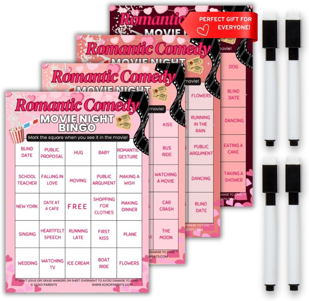 XOXO Parents Movie Night Bingo Cards, Reusable Supplies - RomCom