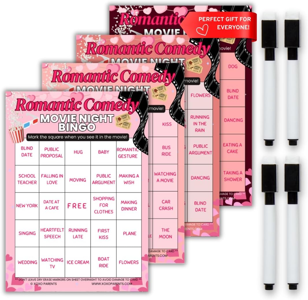 XOXO Parents Movie Night Bingo Cards, Reusable Supplies - RomCom