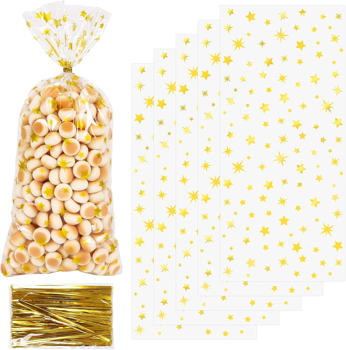 DIYASY 180 Pcs Gold Star Cellophane Treat Bags, 5 X 11 Inches Plastic Star Printed Candy Gift Bag Clear Food Snack Bags with Twist Ties for Goody Cookies Party Favor Supplies
