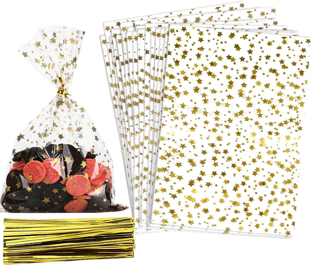 100 Pcs Star Printed 3"X 5"（7.5X12.7cm) Gift Wrap Cello Cellophane Treat Bags Party Favor bags Clear Candy Cookie Bags Plastic Poly Goodie Storage Bags with Twist Ties for Bakery,Birthday, Wedding ,Party Decorations (Gold)