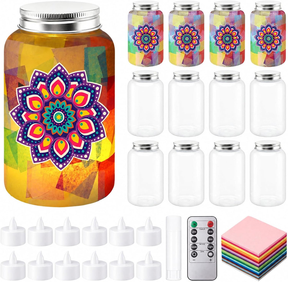 Qinyoung 12 Pcs Mandala Diwali Craft Mason Jars Tissue Paper Craft with LED