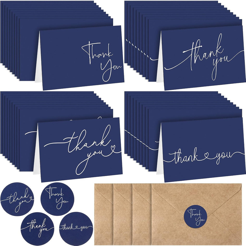 Teling 200 Set Thank You Cards with Envelopes Bulk, 6 x 4 Inch Blank Thank U Greeting Notes with Brown Kraft Envelopes Stickers Thankyou Card Set for Graduation Wedding Birthday Baby Shower(Navy Blue)