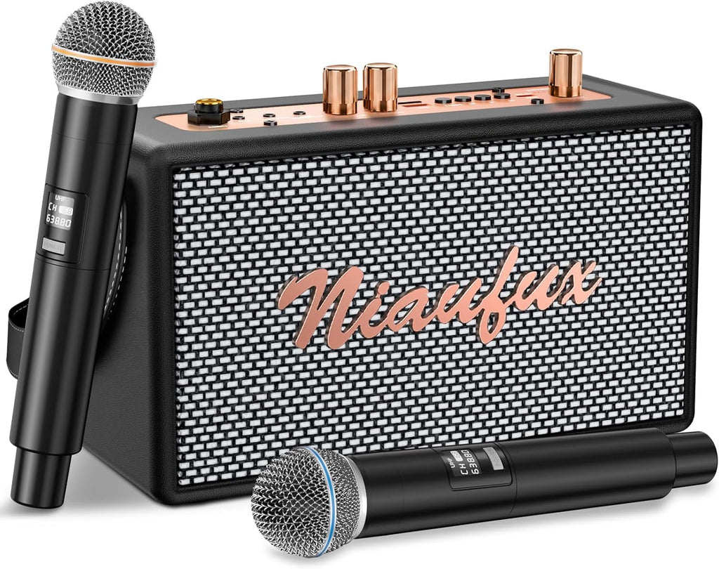 Karaoke Machine, Retro-Design Speaker with 2 Wireless Microphones for Adults & Kids, Portable Karaoke System for Home Party, Bluetooth/AUX/USB/TF/TWS Support, Gifts for Women & Girls