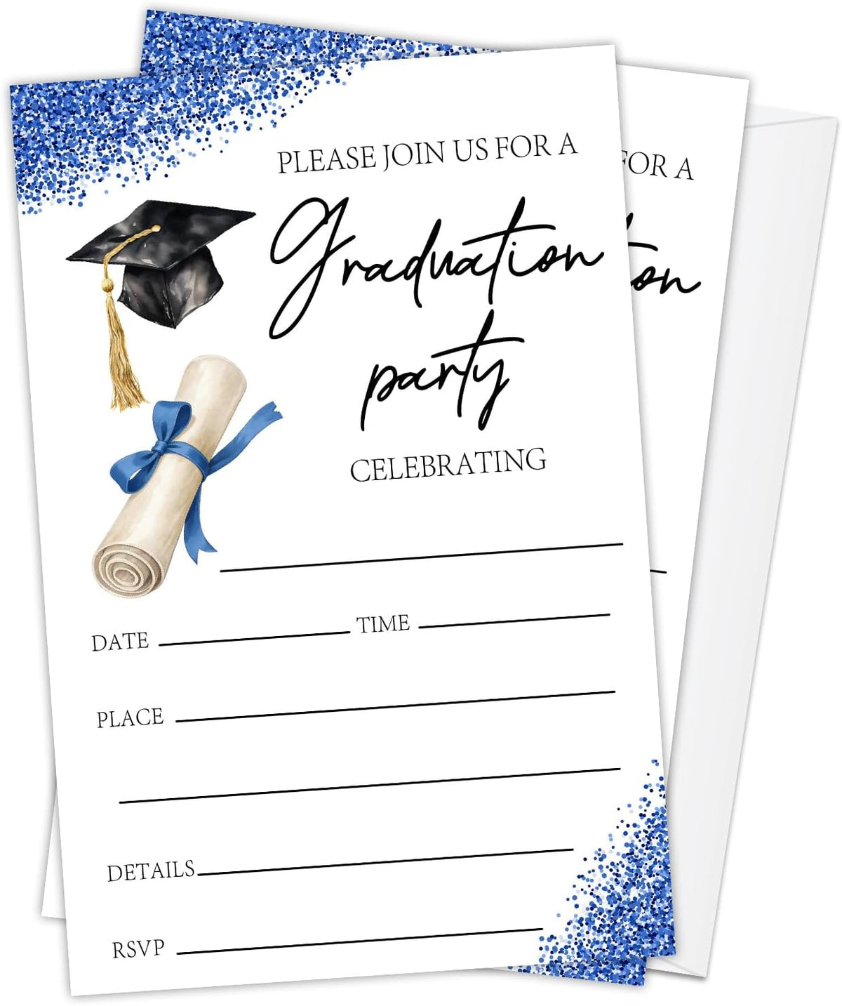 Blue Glitter Graduation Invitations 2026 with Envelopes - 20 Pack Class of 2026 Graduation Party Invitations, 4x6 Inch Fill-in Graduation Announcements for High School or College - A03