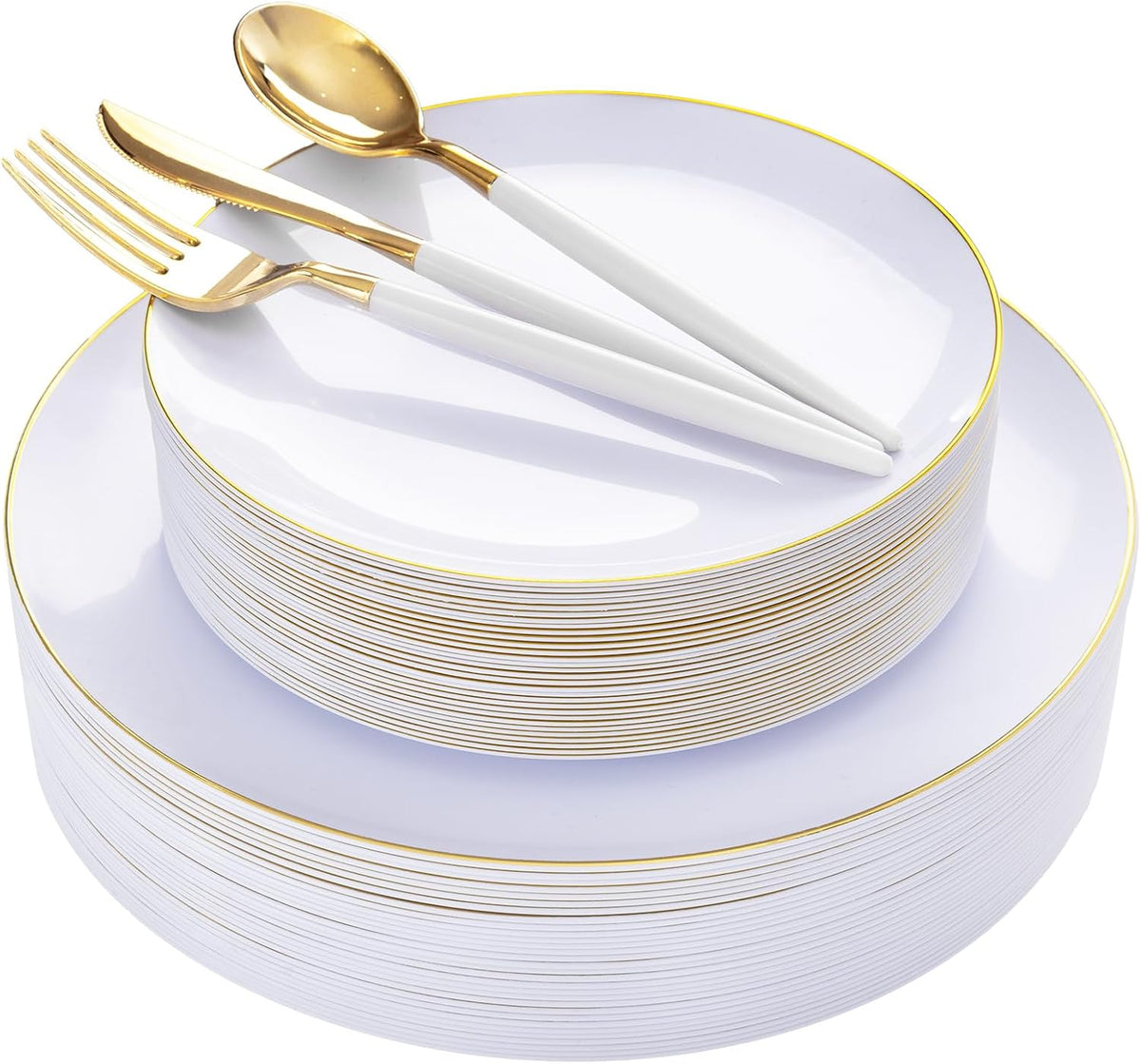 Rubtlamp 100 Guest Blue Gold Plastic Dinnerware Set,Clear Blue Disposable With Gold Rim, Hammer Fancy Party Plates Include 100Dinner Platos,100Cake Platos,100Cups,100 Pre Rolled gold Cutlery