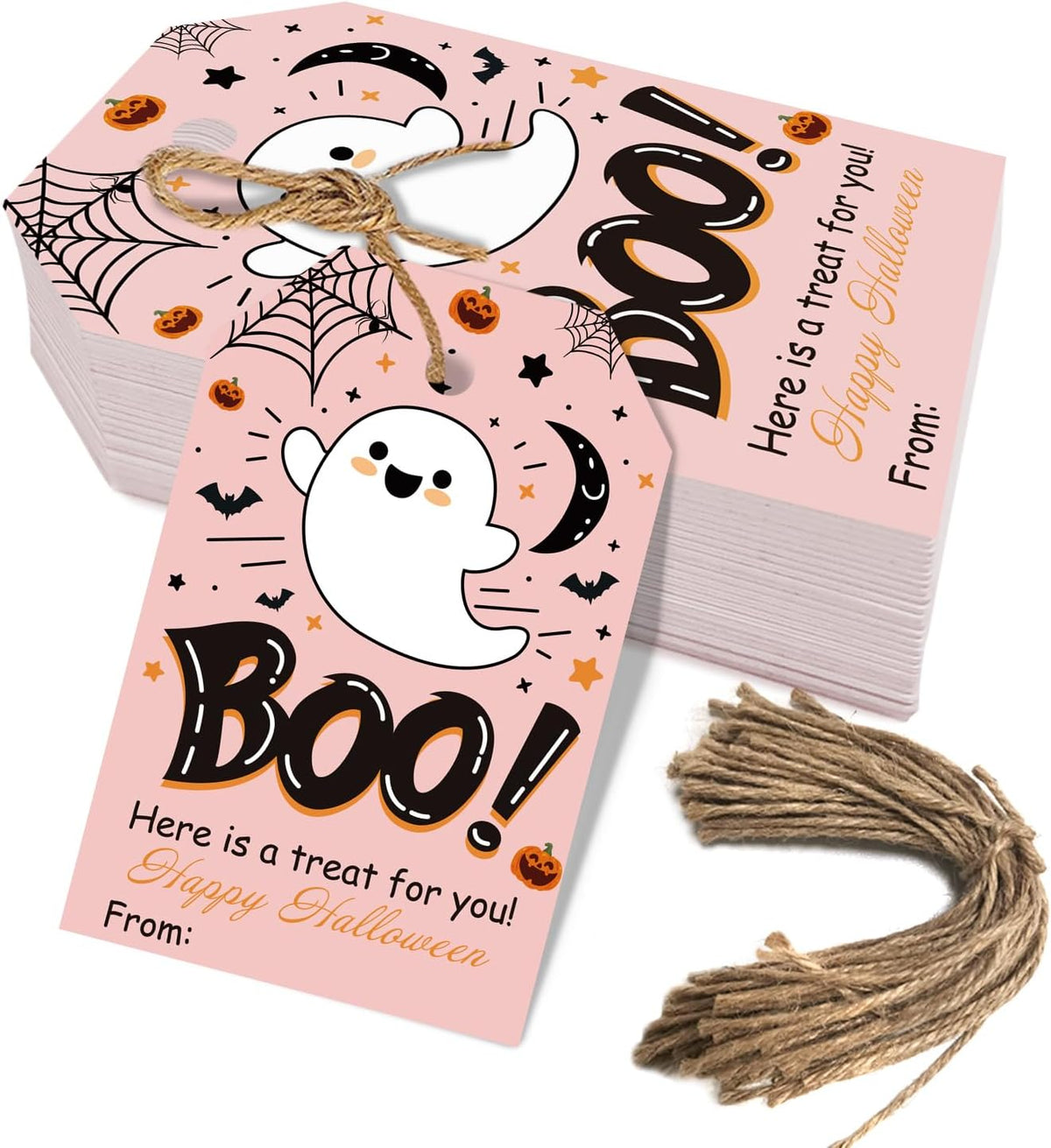 Aukolass 50Pcs Boo Gift Tags, Halloween Treat Tag (Pink Boo)